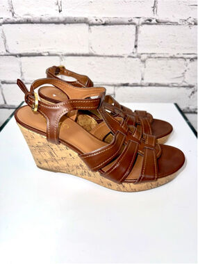 Women's Franco Sarto Marybeth Brown Leather Strappy Cork Wedge Sandals size 7.5